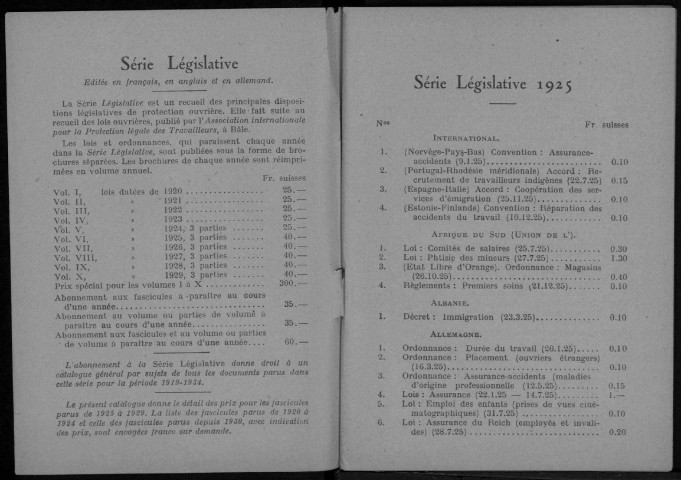 Série législative. Sous-Titre : Nomenclature des textes de lois et règlements parus dans la Série législative de 1925 à 1929, vol. VI à X