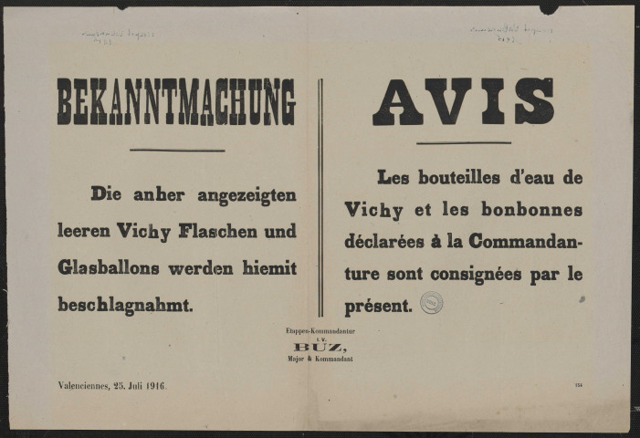 Die anher angezeigten leeren Vichy & werden & beschlagnahmt = Les bouteilles d'eau de Vichy & sont consignées