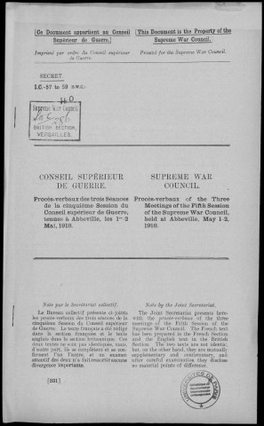 Cinquième session du Conseil supérieur de guerre, Abbeville 1-2 mai 1918. Sous-Titre : Conférences de la paix