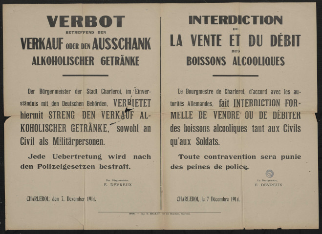 Verbot betreffend den Verkauf oder den Ausschank alkoholischer Getränke = Interdiction de la vente et du débit des boissons alcooliques