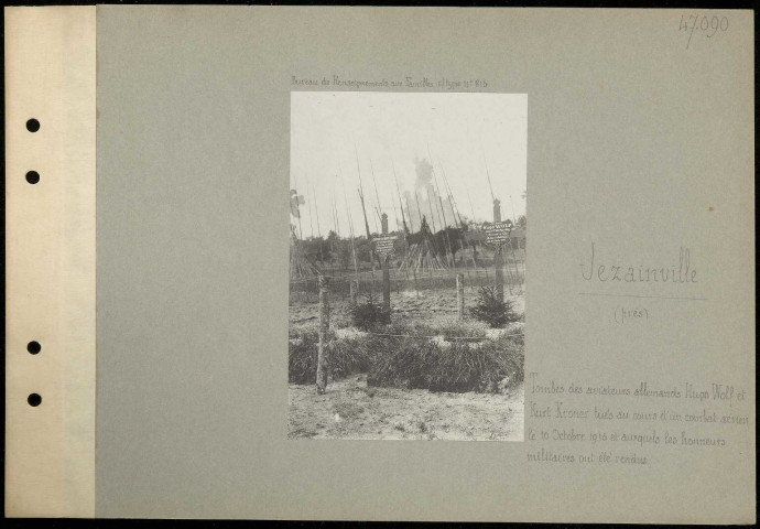 Jezainville (près). Tombes des aviateurs allemands Hugo Wolf et Kurt Kroner tués au cours d'un combat aérien le 10 octobre 1915 et auxquels les honneurs militaires ont été rendus