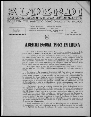 Alderdi (1967 : n° 232-239). Sous-Titre : Boletín del Partido nacionalista vasco