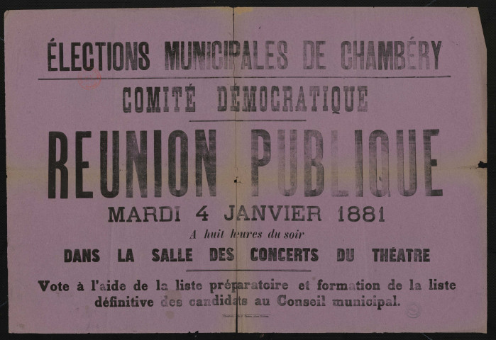 Élections municipales de Chambéry Comité démocratique : Réunion publique mardi 4 janvier 1881