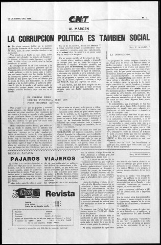 Cenit (1988 ; n° 237-283). Sous-Titre : órgano de la CNT-AIT Regional del Exterior, portavoz de la CNT de España. Autre titre : Fusion de : "CNT (Toulouse)", ISSN 0754-0582, interdit en 1961 et de : "Solidaridad obrera (Paris)", ISSN 0180-0523, disparu après la publication du numéro 3 en novembre 1976