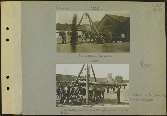 Alsace. Manœuvre de chargement d'un canon sur un camion. La pièce est amenée sous une chèvre