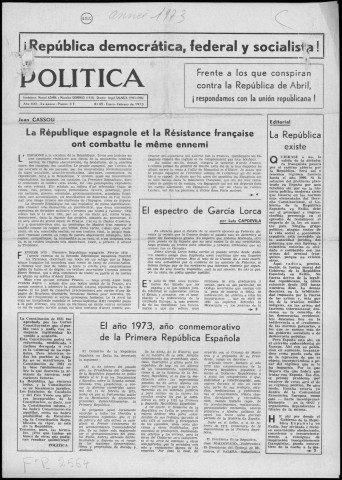 Política (1973 : n° 45-48). Sous-Titre : boletín de información interna de Izquierda republicana [puis] boletín de Izquierda republicana en Francia