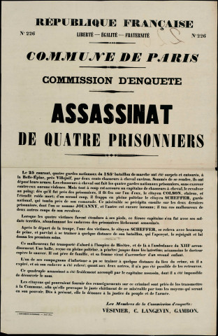 N°226. Commission d'Enquête : assassinat de quatre prisonniers