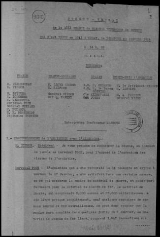 Conseil supérieur de guerre (CSG), dimanche 12 janvier 1919 à 14h30. Sous-Titre : Conférences de la paix