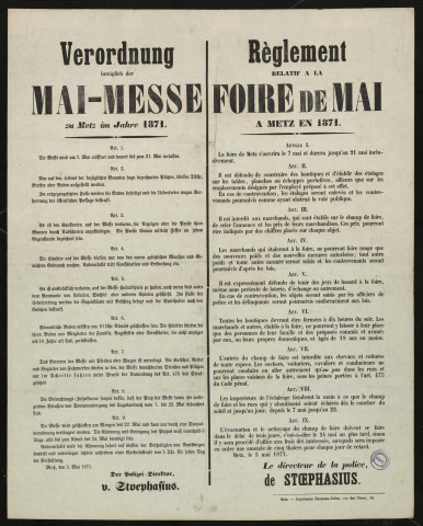 Verordnung bezüglich der Mai-Messe zu Metz im Jahre 1871 = Règlement relatif à la foire de mai à Metz en 1871