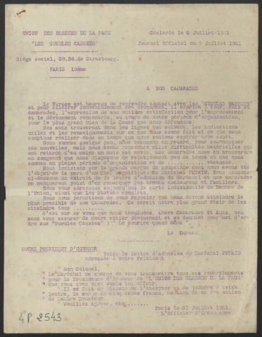 Année 1921. Bulletin de l'Union des blessés de la face "Les Gueules cassées