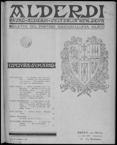 Alderdi (1960 : n° 154-165). Sous-Titre : Boletín del Partido nacionalista vasco
