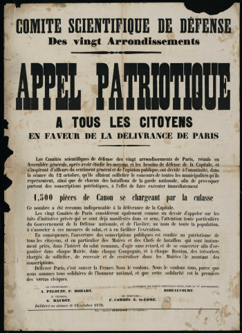 Appel patriotique en faveur de la délivrance de Paris : pièces de canons…