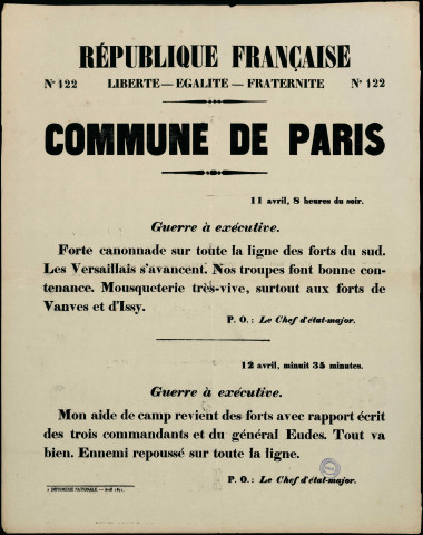 N°122. Forte canonnade sur toute la ligne des forts du sud Ennemi repoussé