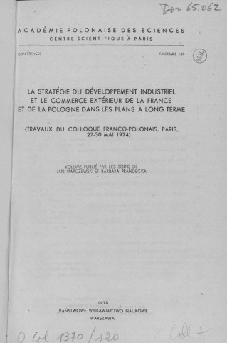 Conférences (1978; n°120)  Sous-Titre : Académie Polonaise des Sciences et Lettres Centre polonais de recherches scientifiques de Paris