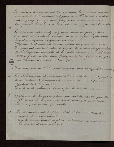 Brillon (59) : réponses au questionnaire sur le territoire occupé par les armées allemandes