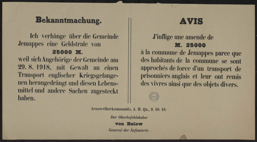 Ich verhänge über die Gemeinde Jemappes eine Geldstrate = J'inflige une amende...amp; à la commune de Jemmapes