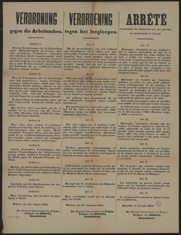 Verordnung gegen die Arbeitsscheu = Verordening tegen het leegloopen = Arrêté concernant les chômeurs qui, par paresse, se soustraient au travail