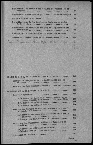 TABLE DES MATIERES : Conférences de Paix. Procès Verbaux et Résolutions.- Conférences et réunions du 10 février au 24 février 1919. Sous-Titre : Conférences de la paix