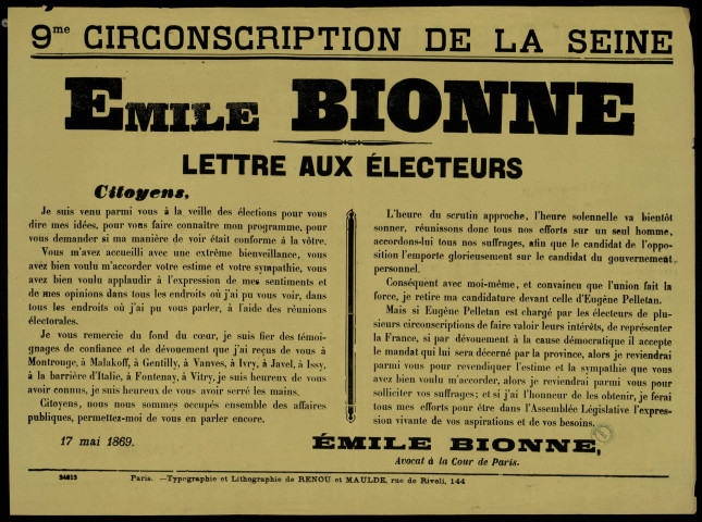 Emile Bionne, lettre aux électeurs