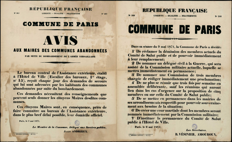 N°287. Commune de Paris. Avis aux maires des communes abandonnées par suite du bombardement de l'armée versaillaise