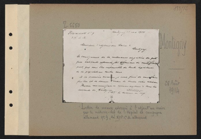 Montigny. Lettre de menace adressée à l'adjoint au maire par le médecin-chef de l'Hôpital de campagne allemand n° 9, du XIV CA allemand