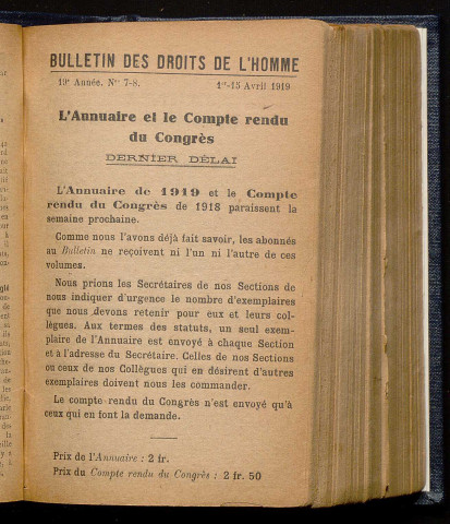 Avril 1919 - Bulletin des Droits de l'Homme