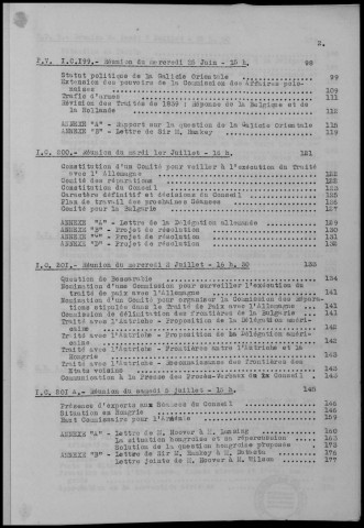 TABLE DES MATIERES : Conférences et réunions du 4 juin au 10 juillet 1919. Sous-Titre : Conférences de la paix