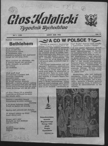 Glos katolicki (1962; n°1 - n°52)  Sous-Titre : Tygodnik wychodztwa  Autre titre : La voix catholique