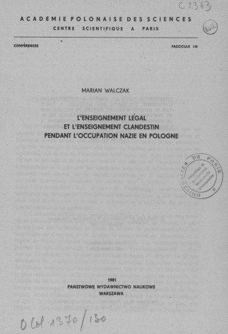 Conférences (1981; n°130, 1982; n°132)  Sous-Titre : Académie Polonaise des Sciences et Lettres Centre polonais de recherches scientifiques de Paris