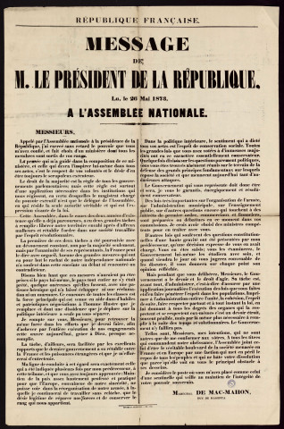 Message de M. le Président de la République, Lu le 26 mai 1873, à l'Assemblée nationale