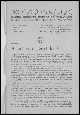 Alderdi (1971 : n° 261-270). Sous-Titre : Boletín del Partido nacionalista vasco