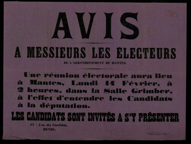 Avis à Messieurs les électeurs de l'arrondissement de Mantes