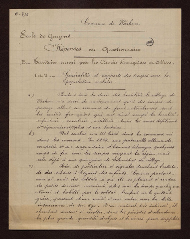 Warhem (59) : réponses au questionnaire sur le territoire occupé par les armées françaises et alliées