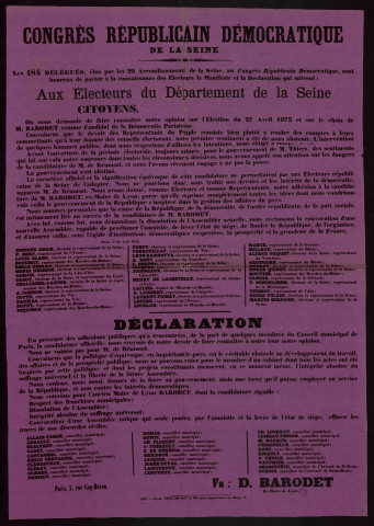 Congrès républicain démocratique de la Seine : Choix de M. Barodet comme Candidat