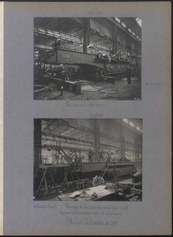 Usine du Breuil. Obusier Schneider de 520. Montage de la partie arrière de l'affût-truck. Appareil de transbordement et de refoulement