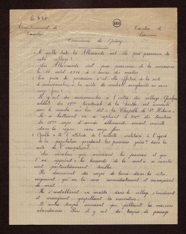 Quiévy (59) : réponses au questionnaire sur le territoire occupé par les armées allemandes