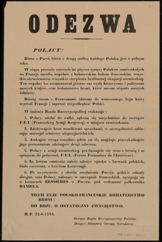 Odezwa : bitwa o Paryż (niech żyje polsko-francuskie bohaterstwo broni !)