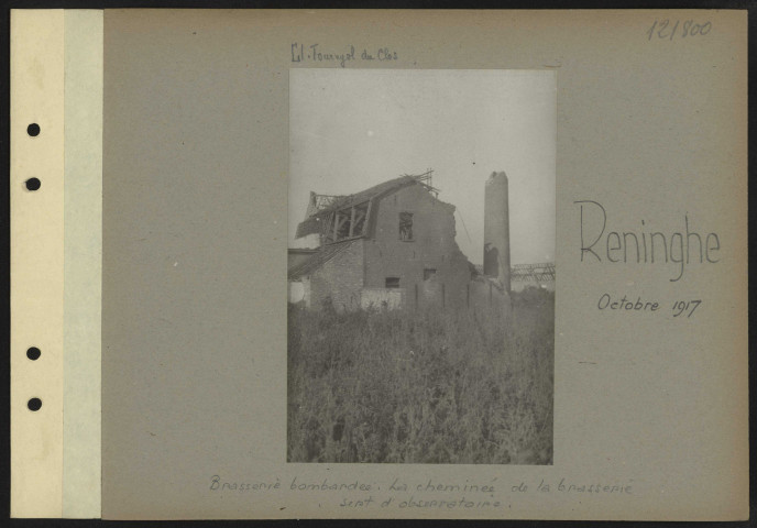 Reninghe. Brasserie bombardée. La cheminée de la brasserie sert d'observatoire