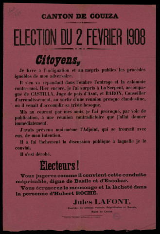 Canton de Couiza : Jules Lafont, Candidat de Défense Viticole, Républicaine et Sociale
