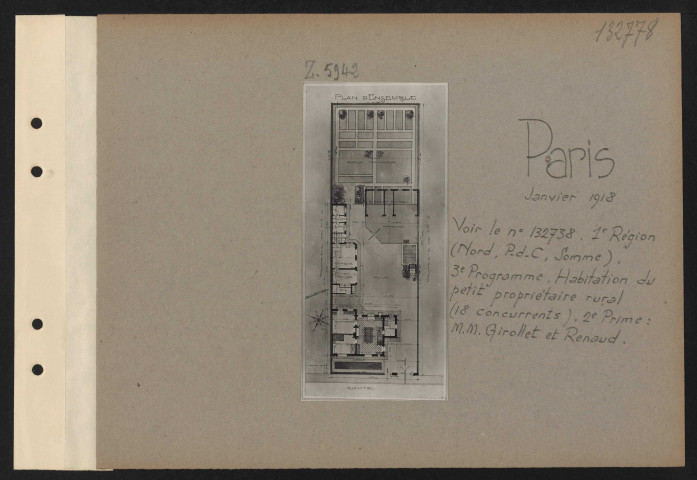 Paris. Musée des arts décoratifs. Exposition des projets d'architecture primés au concours pour la reconstruction des habitations rurales dans les départements envahis. Première région (Nord, Pas-de-Calais, Somme). Troisième programme. Habitation du petit propriétaire rural (18 concurrents). Deuxième prime : MM. Girollet et Renaud