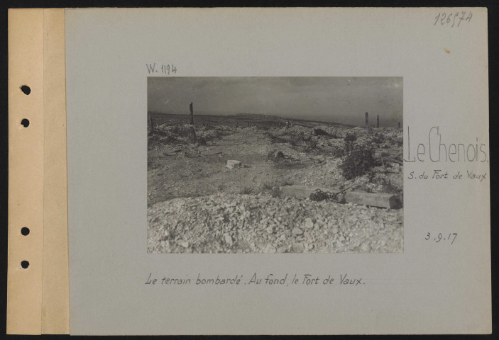 Bois Le Chenois (sud du Fort de Vaux). Le terrain bombardé. Au fond, le Fort de Vaux