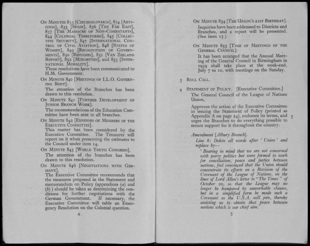 Agenda of a meeting of the General Council of the League of Nations Union to be held in the Caxton Hall, Westminster, London, S.W. 1, on december 8th, 9th and, if necessary 10th 1938