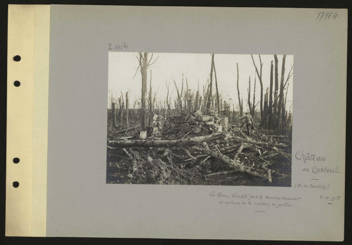 Château de Carleul (ouest de Souchez). Le parc dévasté par le bombardement et ruines de la maison du portier