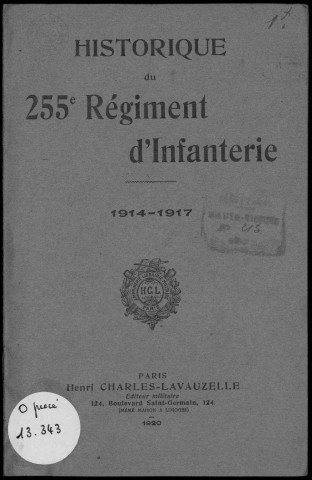 Historique du 255ème régiment d'infanterie