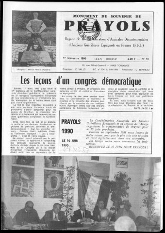 Monument du souvenir de Prayols (1990 : n° 10-12). Sous-Titre : organe de la Confédération d'Amicales Départementales d'Anciens Guerilleros Espagnols en France (F.F.I.)