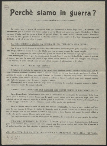 Guerre mondiale 1914-1918. Italie. Tracts de propagande patriotique
