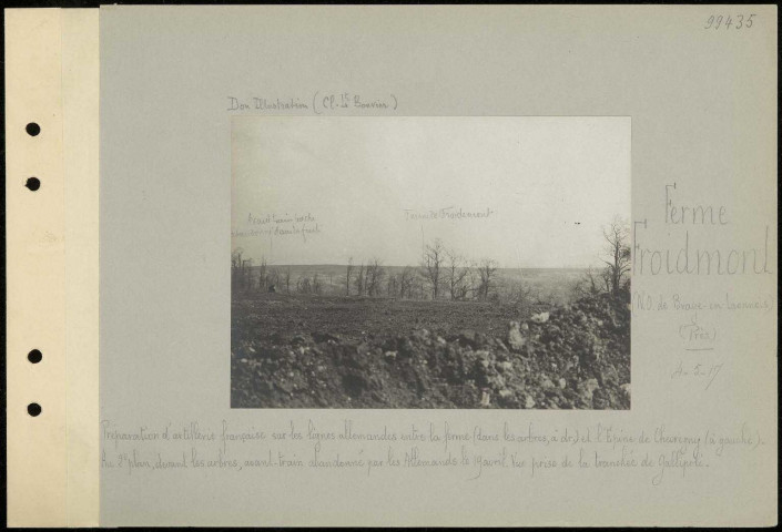 Ferme Froidmont (nord-ouest de Braye-en-Laonnois) (près). Préparation d'artillerie française sur les lignes allemandes entre la ferme (dans les arbres, à droite) et l'Epine de Chevregny (à gauche). Au deuxième plan, devant les arbres, avant-train abandonné par les Allemands le 19 avril. Vue prise de la tranchée de Gallipoli