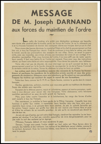 Message de M. Joseph Darnand aux forces du maintien de l'ordre