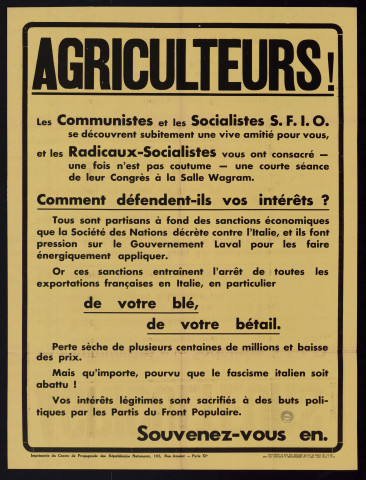 Agriculteurs ! Les communistes & socialistes S.F.I.O. & Radicaux-socialistes & défendent-ils vos intérêts ?