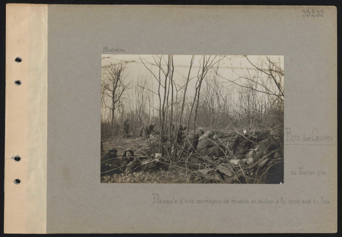 Bois des Caures. Éléments d'une compagnie de zouaves en soutien à la corne sud du bois